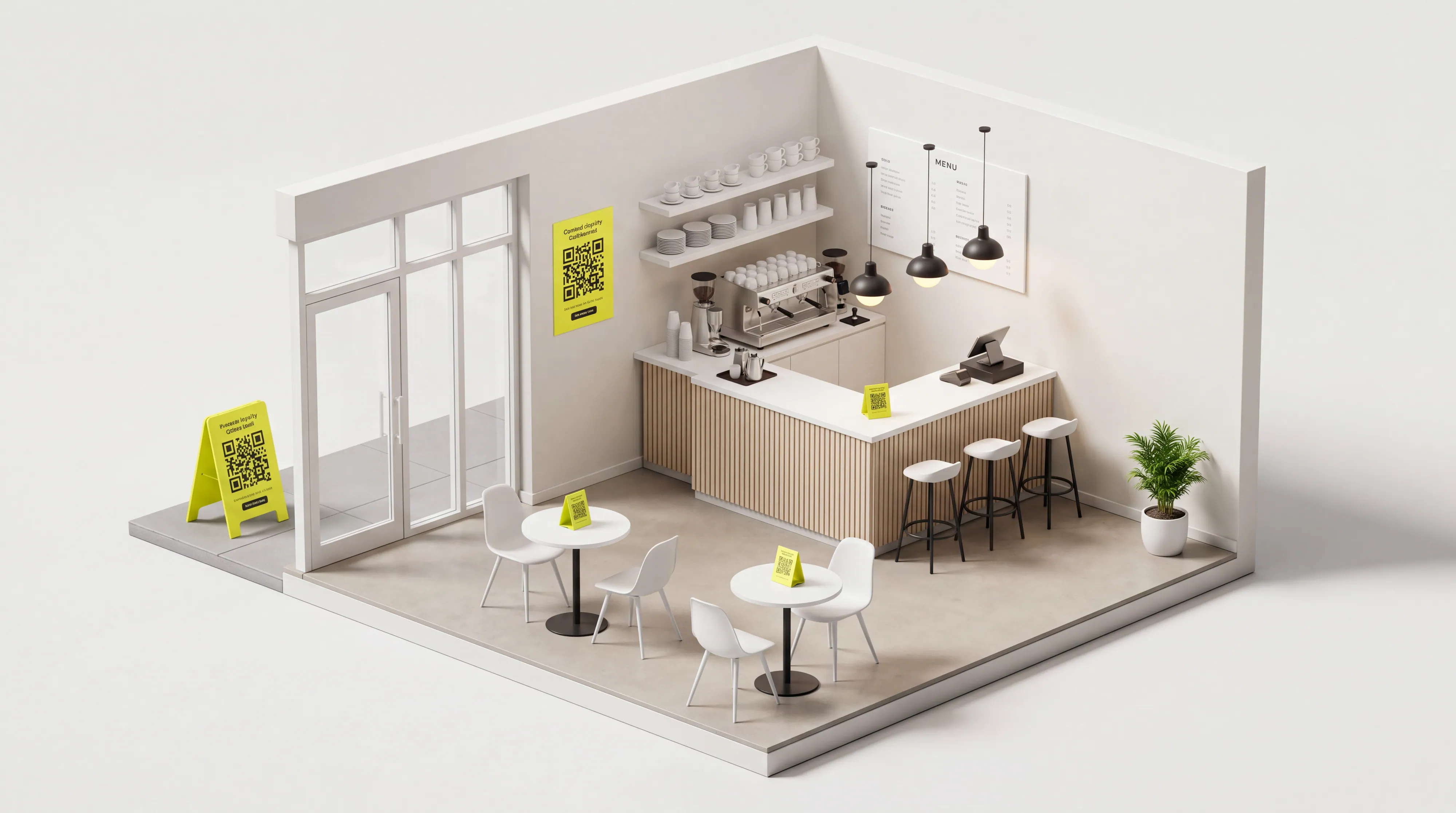 An isometric cutaway of a modern coffee shop with Punchd lemon QR posters, table tents, and an outdoor A-frame standee